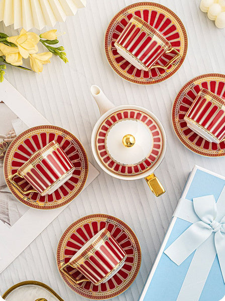 Beautiful Porcelain Tea Cup and Saucer Set of 4 cups, 7.4 oz Red Tea Cup and Saucer Set with Teapot in Gift Box, Modern Ceramic Coffee Cups-Art Painting Canvas