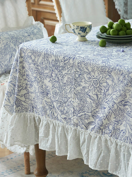 Cotton Rectangle Tablecloth for Dining Room Table, Natural Spring Farmhouse Table Cloth, Blue Flower Pattern Cotton Tablecloth, Square Tablecloth for Round Table-Art Painting Canvas