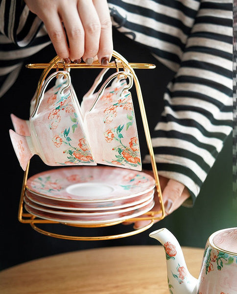 Ceramic Tea Cup Set, Luxury Tea Cup with Saucer, Elegant Coffee Cup, Porcelain Tea cups, British Tea Cup Set, Afternoon Tea Cup with Saucer Set-Art Painting Canvas