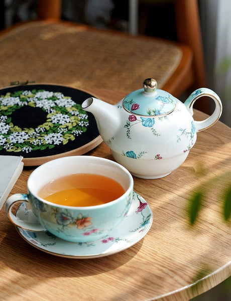 Porcelain Teapot with Matching Cup and Saucer in Gift Box, Stackable Teapot and Cup Set, Ceramic Tea Pot with Integrated Cup, Mother and Baby Teapot with Matching Saucer-Art Painting Canvas