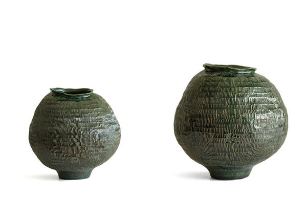 Large Contemporary Vases on Dining Table, Handmade Modern Flower Vase, Centerpiece Ceramic Bouquet Vases, Green Porcelain Vases for Modern Home Decor-Art Painting Canvas