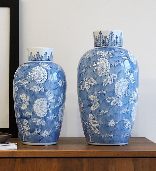 Centerpiece Ceramic Bouquet Vases, Handmade Modern Flower Vase, Large Flower Vases on Dining Table, Blue Porcelain Flower Vases-Art Painting Canvas