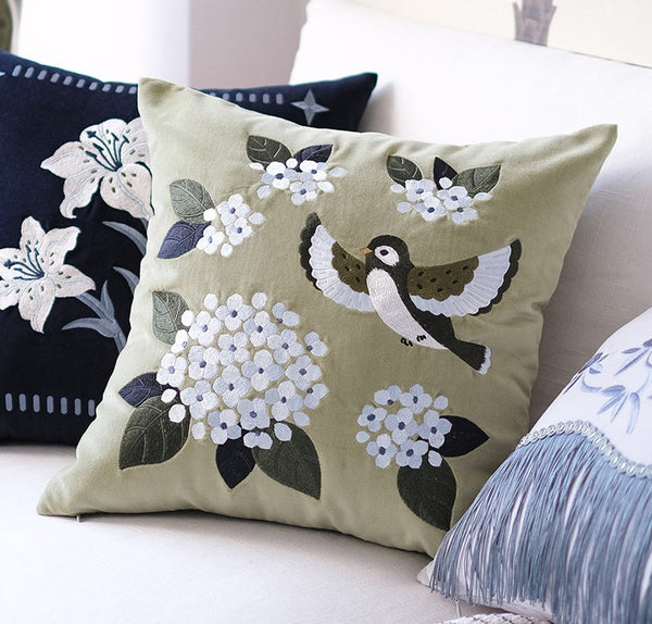 Decorative Pillow Arrangement Ideas for Couch, Living Room Decorative Pillows, Embroidered Swallow Birds Cushion, Large Decorative Pillows for Couch, Modern Throw Pillows for Bedroom-Art Painting Canvas