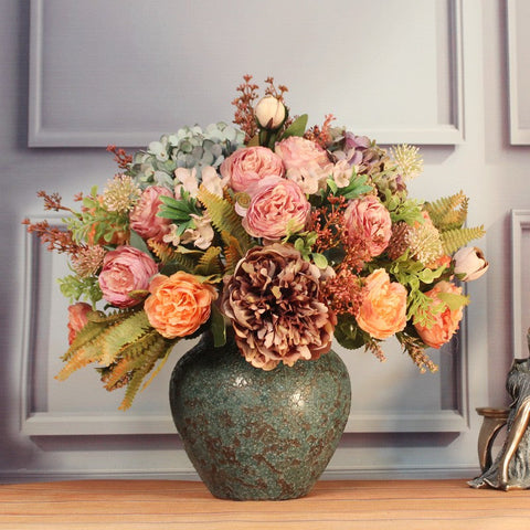Large Bunch of Autumn Flowers Arrangement Interior Design, Unique Artificial Floral Arrangement for Dining Room, Peony Faux Silk Floral Bouquet Table Centerpiece-Art Painting Canvas