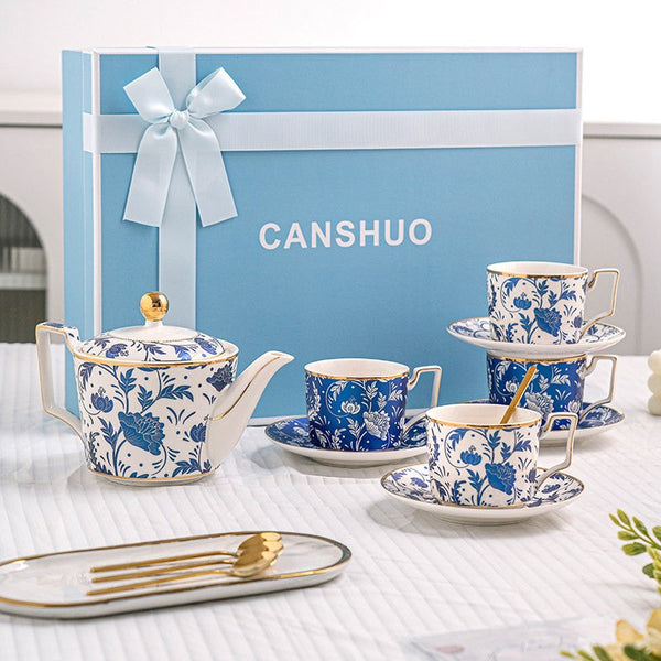 8 oz Traditional Afternoon Tea Blue Porcelain Tea Cup and Saucer Set of 4 cups, British Traditional Afternoon Tea Cup Set with Teapot, Ceramic Coffee Cup with Saucer in Gift Box-Art Painting Canvas