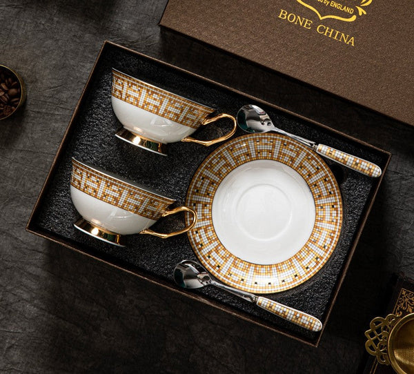 Handmade Elegant British Ceramic Coffee Cups, 6.8 oz Tea Cup and Saucer in Gift Box, Porcelain Tea Cup Set for Office, Yellow Ceramic Cups-Art Painting Canvas