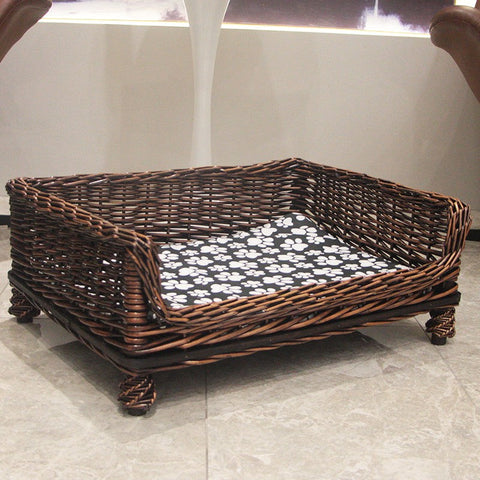 Large Natural Wicker Dog Bed with Washable Cushion for Indoor Cats and Dogs, Hand Woven Rattan Cat Beds-Art Painting Canvas