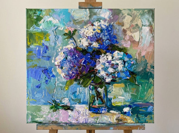Blue Hydrangeas in Full Bloom, Hand Painted Canvas Art, Still Life Painting, Small Canvas Artwork, Original Flower Paintings, Impasto Heavy Texutre Art