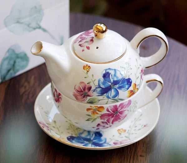 Ceramic Tea Pot with Integrated Cup, Stackable Teapot and Cup Set, Porcelain Teapot with Matching Cup and Saucer in Gift Box, Mother and Baby Teapot with Matching Saucer-Art Painting Canvas