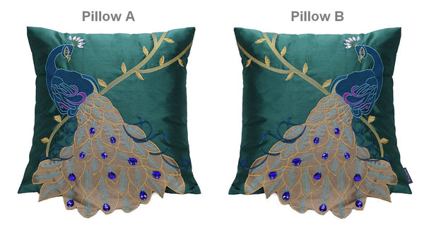Decorative Sofa Pillows, Decorative Pillows for Couch, Beautiful Decorative Throw Pillows, Green Embroider Peacock Cotton and linen Pillow Cover-Art Painting Canvas
