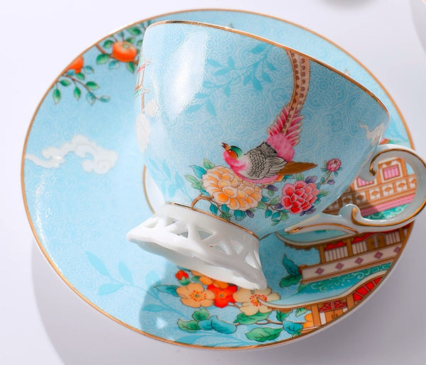 Elegant Oriental Pheasant Ceramic Cups, Beautiful Bird Pattern Tea Cups, 8 oz Porcelain Tea Cup Saucer Set of 2 Cups, Unique Tea Cup and Saucer in Gift Box-Art Painting Canvas