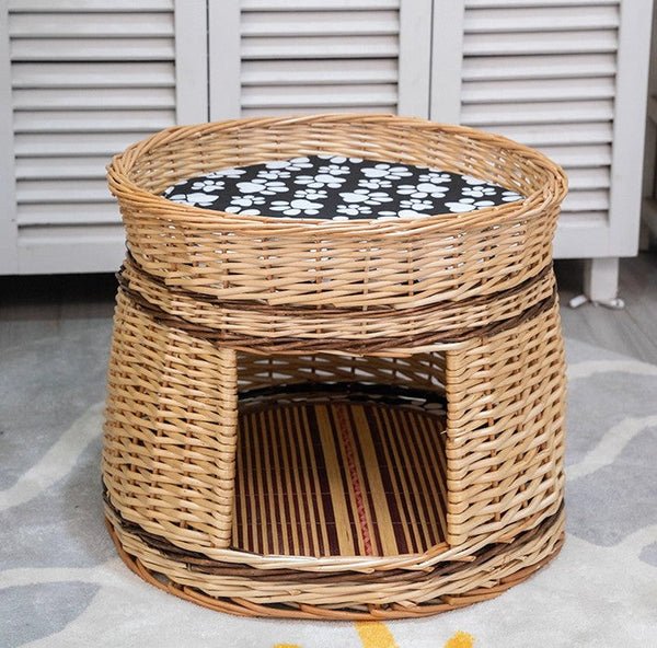 Large Double-Layer Cat Bed, Wicker Cat House Basket with Washable Cushion for Indoor Cats and Dogs-Art Painting Canvas