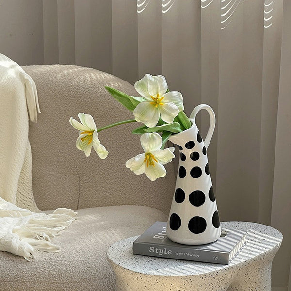 Ceramic Bud Vases, Small Flower Vases on Table, Black and White Polka Dot Flower Vase, Modern Porcelain Flower Vases, Handmade Water Holding Flower Vases-Art Painting Canvas