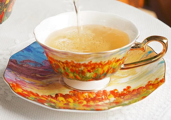 Elegant Ceramic Coffee Cups, Flower Field Vintage Porcelain Tea Cup Saucer Set, Unique British Tea Cup and Saucer in Gift Box, Royal Ceramic Cups-Art Painting Canvas