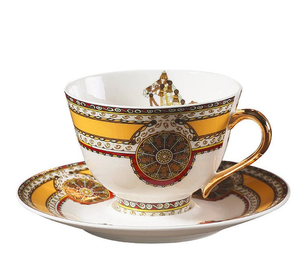 Handmade Beautiful British Tea Cups, Creative Porcelain Tea Cup Saucer Set, Yellow Royal Ceramic Coffee Cups, 6.8 oz Tea Cup and Saucer-Art Painting Canvas