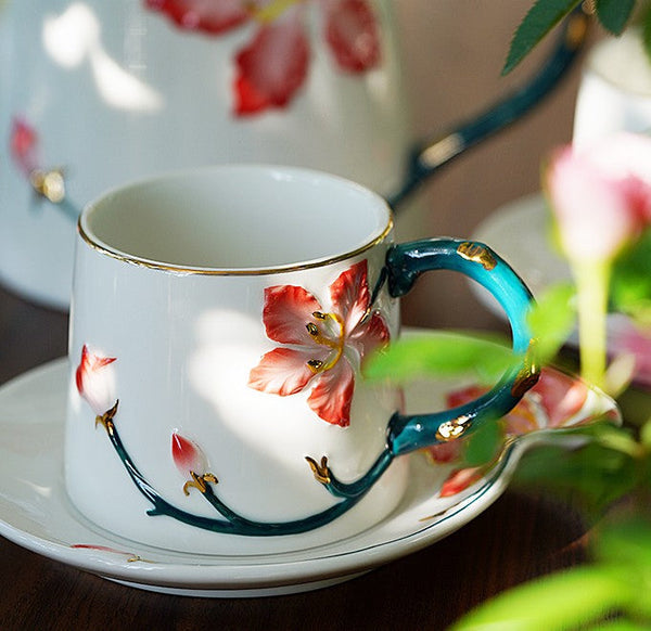 Afternoon British Tea Cups, Creative Bone China Porcelain Tea Cup Set, Traditional English Tea Cups and Saucers, Unique Ceramic Coffee Cups-Art Painting Canvas