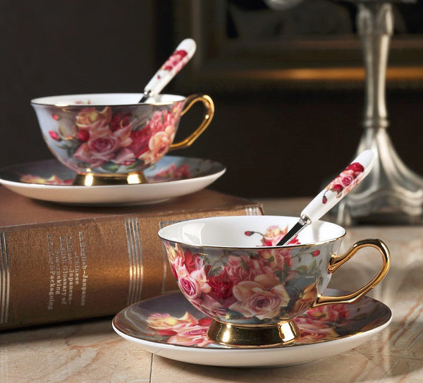 Ceramic Tea Cup and Saucer in Gift Box, Rose Flower Royal Porcelain Tea Cup Saucer Set, Elegant Ceramic Coffee Cups, Beautiful British Tea Cups-Art Painting Canvas