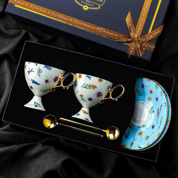 Elegant British Ceramic Coffee Cup with Saucer, 6.8 oz Tea Cup and Saucer Set in Gift Box, Floral Porcelain Tea Cup and Saucer Set, Flower Ceramic Tea Cup and Saucer-Art Painting Canvas