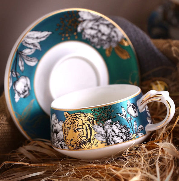 Jungle Tiger Cheetah Porcelain Tea Cups, Creative Ceramic Cup and Saucer, Unique Ceramic Coffee Cups with Gold Trim and Gift Box-Art Painting Canvas