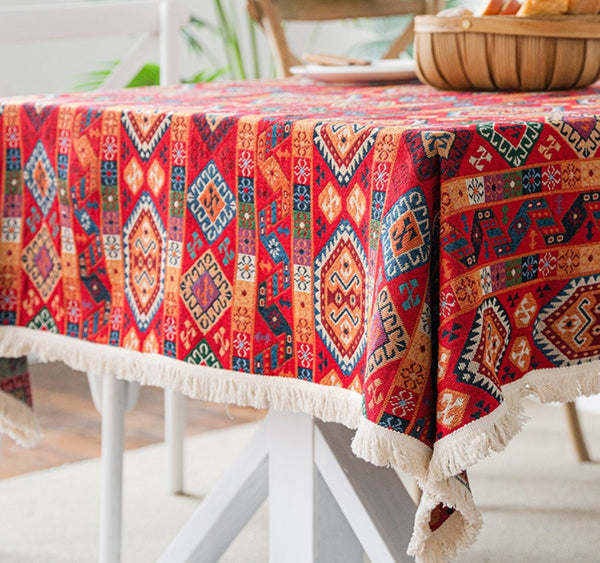 Oriental Red Rectangular Table Covers for Coffee Table, Bohemian Rectangular Tablecloth for Oval Table, Large Modern Linen Tablecloths-Art Painting Canvas