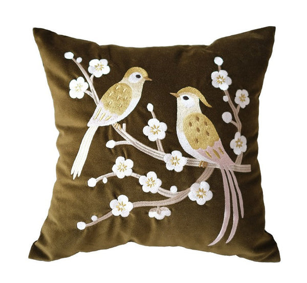 Embroidered birds cushion, Decorative Pillows for Couch, Vintage Decorative Pillows, Modern Throw Pillows for Bedroom, Decorative Pillow Arrangement Ideas for Couch-Art Painting Canvas