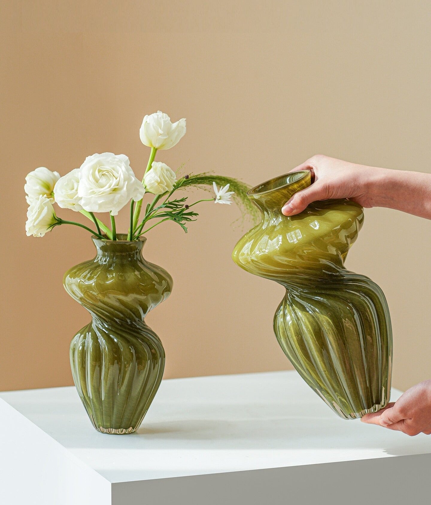 Handmade Contemporary Glass Vase For Living Room, Modern Centerpiece Decor, Clear Art Glass Vessel, Mid-Century Style Flower Holder