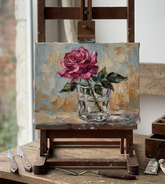 Original Oil Paintings, Impasto Red Rose in Glass Vase, Hand Painted Canvas Art, Original Flower Paintings, Small Canvas Art, Impasto Canvas Artwork