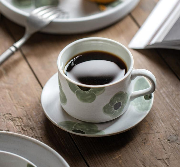 Cappuccino Coffee Cup, Spring Flower Coffee Cup, Rustic Tea Cup, Pottery Coffee Cups, Coffee Cup and Saucer Set-Art Painting Canvas