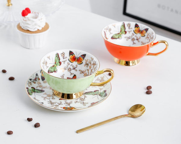 Creative Butterfly Ceramic Coffee Cups, Unique Butterfly Coffee Cups and Saucers, Beautiful British Tea Cups, Creative Bone China Porcelain Tea Cup Set-Art Painting Canvas