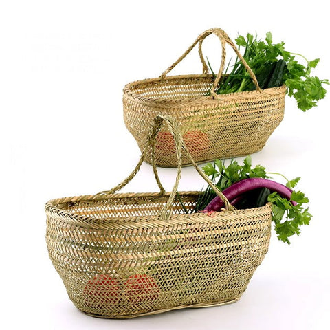 Picnic Food Basket with Handle, Large Natural Hand-woven Bamboo Basket, Lovely Bamboo Baskets for Vegetable, Natural Fruit Basket Kitchen Storage Baskets