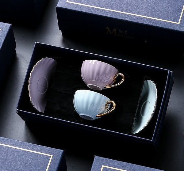 Beautiful British Tea Cups, Creative Porcelain Tea Cup Saucer Set of 2 Cups, Elegant Macaroon Ceramic Coffee Cups, 6.8 oz Tea Cup and Saucer in Gift Box as Birthday Gift-Art Painting Canvas