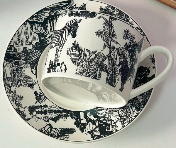 Royal Ceramic Cups, Elegant Ceramic Coffee Cups, 6.8 oz Tea Cup and Saucer in Gift Box, Zebra Jungle Porcelain Tea Cup Saucer Set-Art Painting Canvas