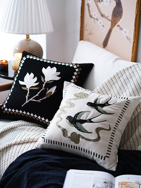 Luxury Decorative Pillows for Couch, Modern Throw Pillows for Couch, Vintage Decorative Pillows, Embroidered Swallow Birds Cushion, Decorative Pillow Arrangement Ideas for Bed-Art Painting Canvas