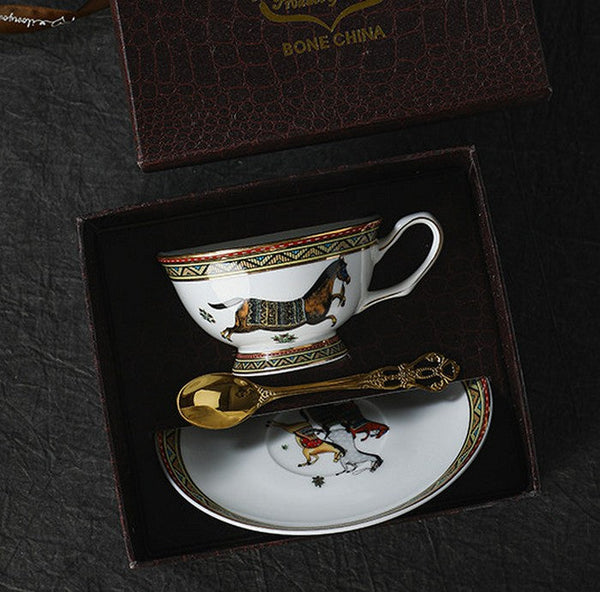 Elegant British Horse Pattern Coffee Cup with Saucer, 7.4 oz Ceramic Tea Cup and Saucer in Gift Box, Porcelain Tea Cup and Saucer Set-Art Painting Canvas