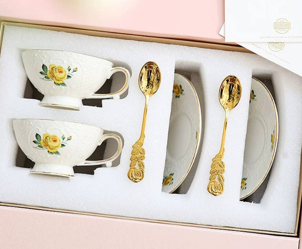 Ceramic Tea Cup with Saucer, Tea Cup Set, Vintage Tea Cup Set, Modern Ceramic Cups, European Tea Cup Set, Porcelain Tea Cups, Floral Tea Cup Set, Classic British Tea Cups, Elegant Tea Cup With Saucer-Art Painting Canvas