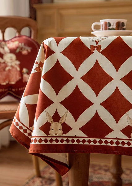 Holiday Red Tablecloth for Dining Table, Rabbit Pattern Table Cover for Dining Room Table, Modern Rectangle Tablecloth for Oval Table-Art Painting Canvas