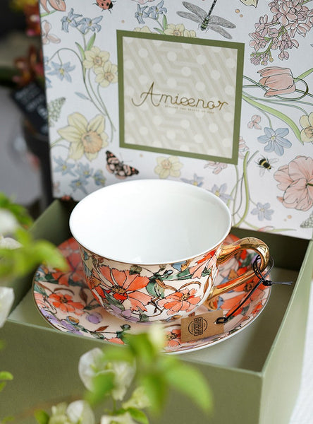 Elegant Ceramic Coffee Cups, Flower Bone China Porcelain Tea Cup Set, British Royal Ceramic Cups for Afternoon Tea, Unique Tea Cup and Saucer in Gift Box-Art Painting Canvas