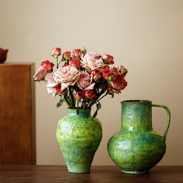 Centerpiece on Dining Table, Modern Pottery Flower Vases, Handmade Water Holding Flower Vases, Pottery Bud Vases, Large Green Flower Vases on Table-Art Painting Canvas