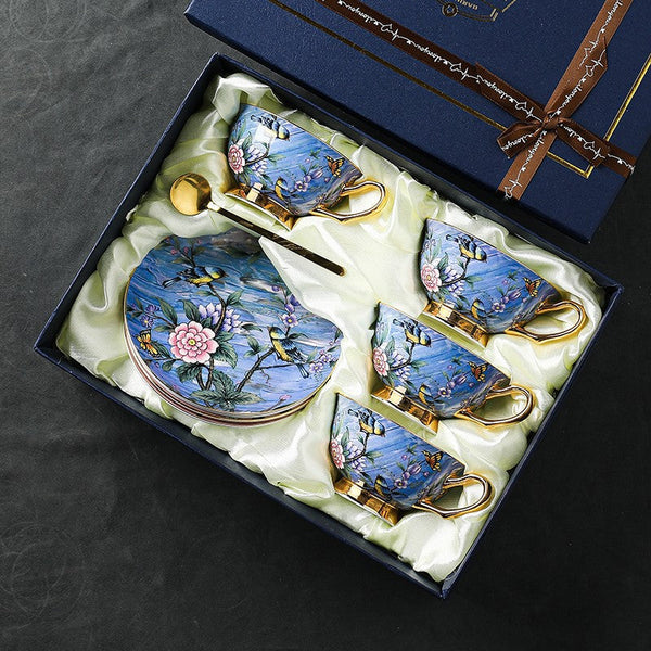 Unique British Tea Cup and Saucer in Gift Box, Blue Bird and Butterfly Porcelain Tea Cup Saucer Set, 7.4 oz British Ceramic Coffee Cups-Art Painting Canvas