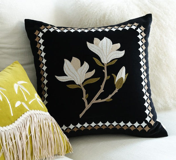 Decorative Pillow Arrangement Ideas for Couch, Magnolia Embroidered Cushion, Large Decorative Pillows for Couch, Modern Throw Pillows for Bedroom, Living Room Decorative Pillows-Art Painting Canvas