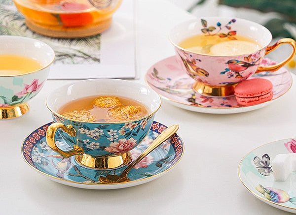 Unique Afternoon Tea Cups and Saucers in Gift Box, Royal Bone China Porcelain Tea Cup Set, Elegant Flower Pattern Ceramic Coffee Cups, Beautiful British Tea Cups-Art Painting Canvas