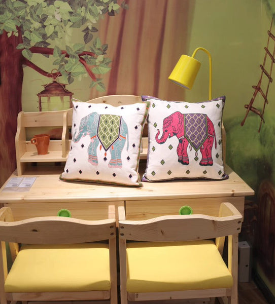 Cotton Decorative Pillows, Elephant Embroider Cotton Pillow Covers, Farmhouse Decorative Sofa Pillows, Decorative Throw Pillows for Couch-Art Painting Canvas