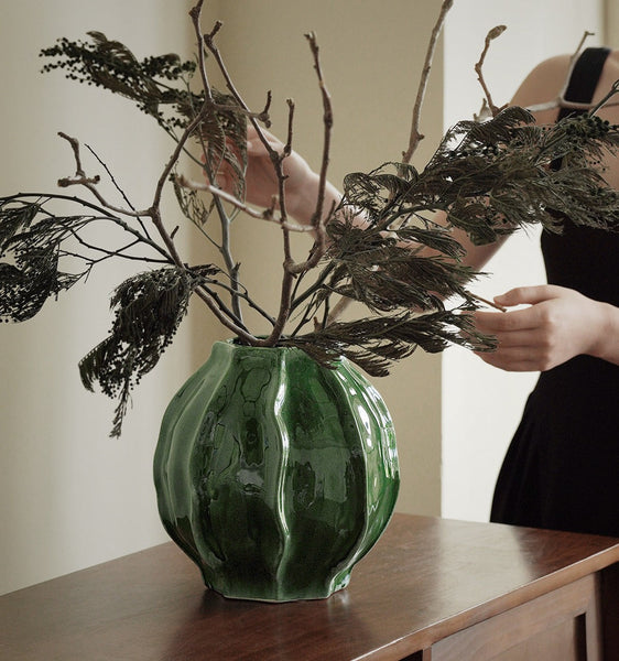 Large Contemporary Vases on Dining Table, Handmade Modern Flower Vase, Centerpiece Ceramic Bouquet Vases, Green Porcelain Vases for Modern Home Decor-Art Painting Canvas