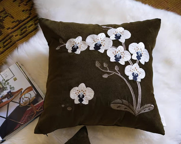 Large Decorative Pillows for Couch, Dark Olive Green Embroidered Moth Orchid Cushion, Decorative Pillow Arrangement Ideas for Couch, Living Room Decorative Pillows, Modern Throw Pillows for Bedroom-Art Painting Canvas
