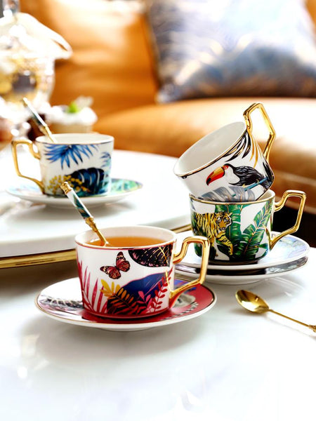 Butterfly Pattern Porcelain Coffee Cups, 7.4 oz Coffee Cups with Gold Trim and Gift Box, Tea Cup and Saucer-Art Painting Canvas