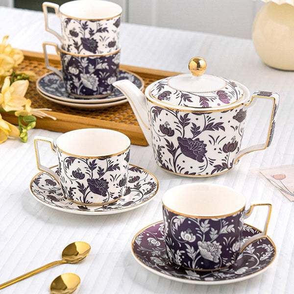 British Traditional Afternoon Tea Cup Set of 4 cups, 8 oz Ceramic Coffee Cup with Saucer in Gift Box, Porcelain Tea Cup and Saucer Set with Teapot-Art Painting Canvas