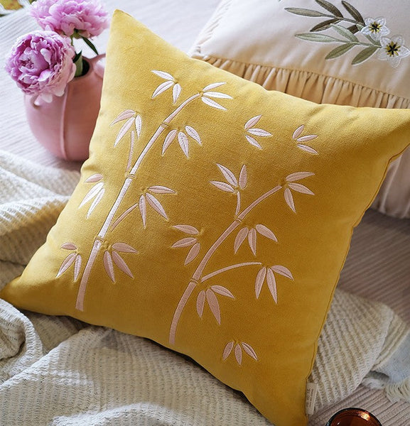Large Decorative Pillows for Couch, Modern Throw Pillows for Bedroom, Living Room Decorative Pillows, Yellow Embroidered Bamboo Cushion, Decorative Pillow Arrangement Ideas for Couch-Art Painting Canvas