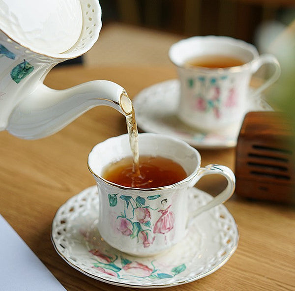 Elegant British Tea Cups, Beautiful Porcelain Tea Cup Saucer Set, Traditional English Tea Cup and Saucer, Unique Ceramic Coffee Cups-Art Painting Canvas