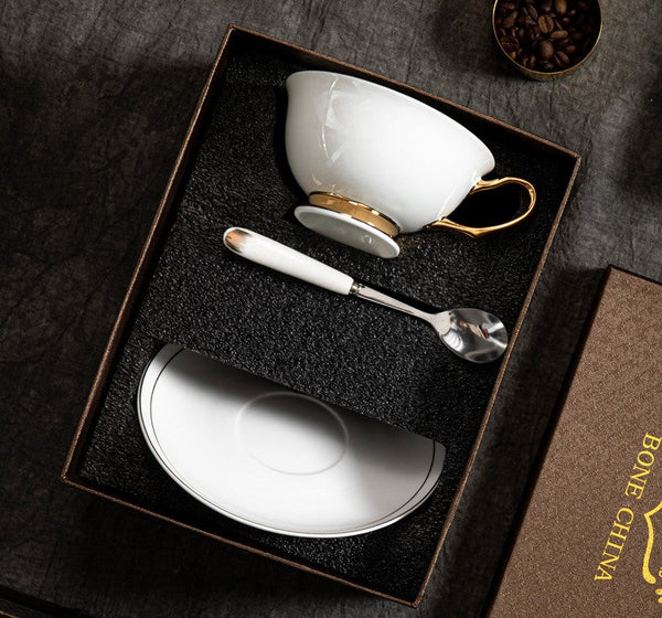 Porcelain Tea Cup Saucer Set, White Ceramic Cups, 7.8 oz British Ceramic Coffee Cups, Unique Tea Cup and Saucer in Gift Box-Art Painting Canvas