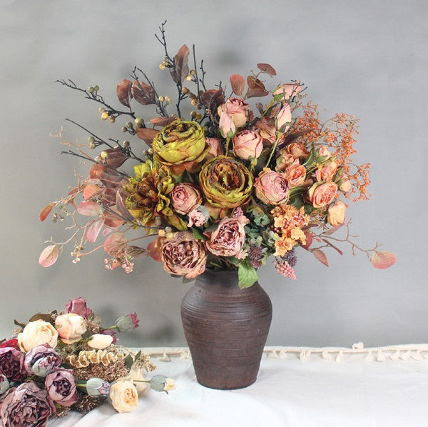 Large Faux Silk Floral Bouquet, Beautiful Peony Rose Flowers Arrangement Interior Design, Modern Artificial Floral Arrangement for Living Room-Art Painting Canvas